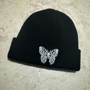 Chic Black Beanie with White Butterfly Design